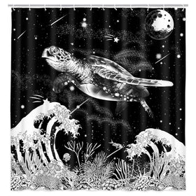 Sea Turtle Shower Curtain Black White With Hooks, 69X70IN