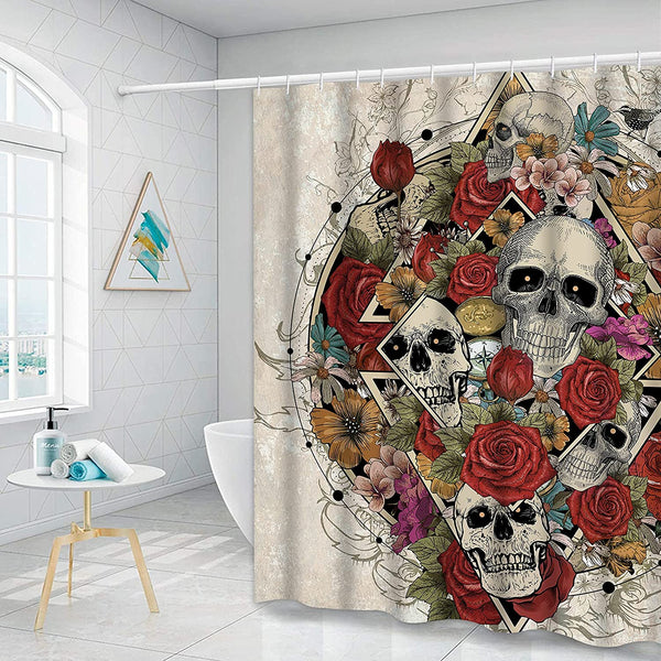 Skull Roses and Skeleton Shower Curtain with 12 Hooks
