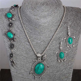 Natural Stone Sea Turtle Pendant Necklace Bracelet Earrings Set