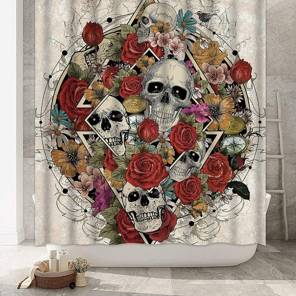 Skull Roses and Skeleton Shower Curtain with 12 Hooks