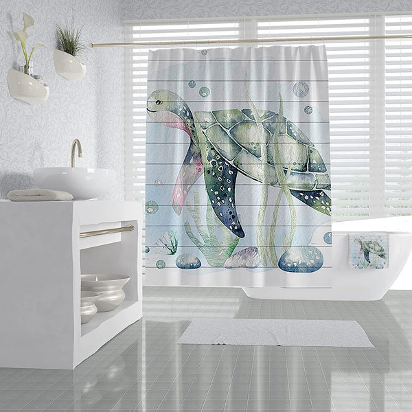 Sea Turtle Shower Curtain with 12 Hooks, 72x72in