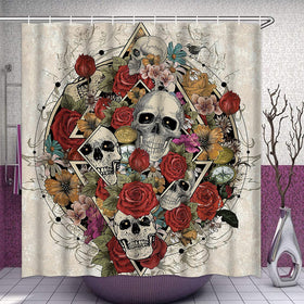 Skull Roses and Skeleton Shower Curtain with 12 Hooks