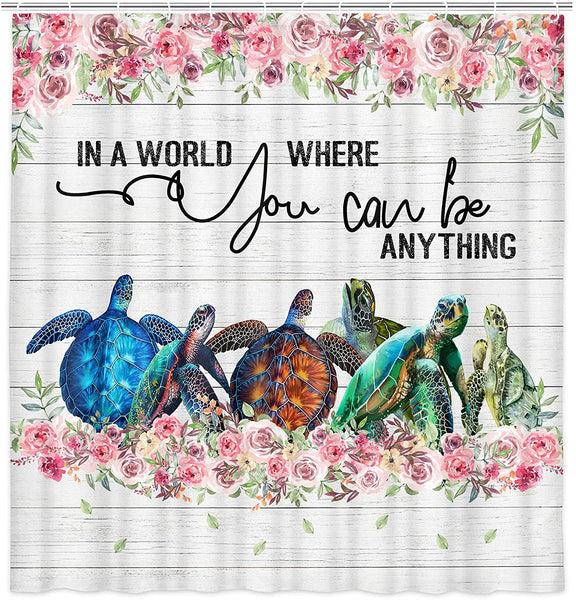 Sea Turtle Beach Flowers Shower Curtain, with Hooks 69X70IN