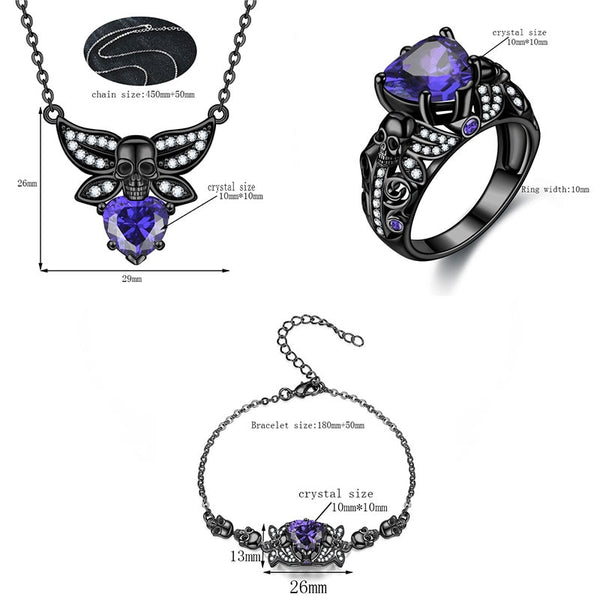 3PCS Fashion Skull Necklace Bracelet Ring Crystal Zirconia Set
