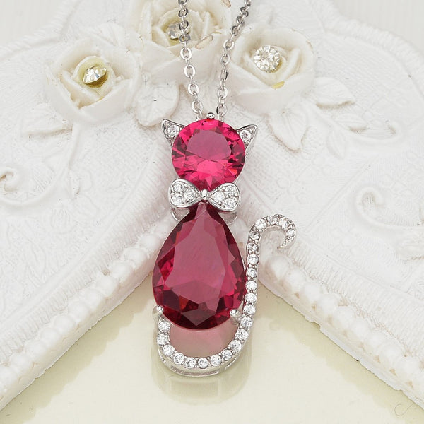 925 Sterling Silver Cubic Zirconia Cat Rolo Chain Pendant Necklace
