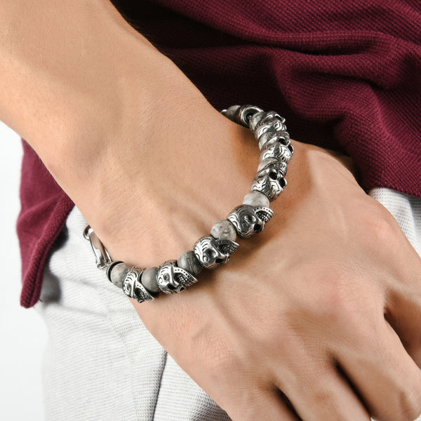 Natural Stone Stainless Steel Men Skull Beads Bracelet
