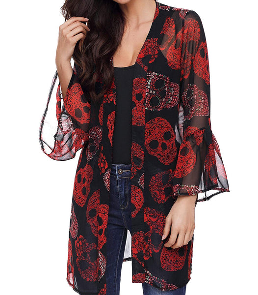 Women's Skull Print Sheer Loose Kimono Cardigan Top Blouse Cover up
