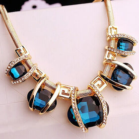 Bohemia Style Women Fashion Blue Crystal Pendant Gold Statement Necklace - Free Shipping!