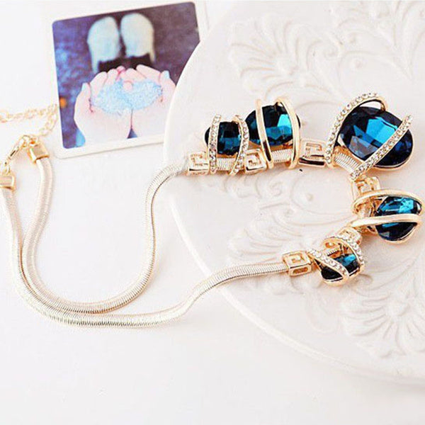 Bohemia Style Women Fashion Blue Crystal Pendant Gold Statement Necklace - Free Shipping!