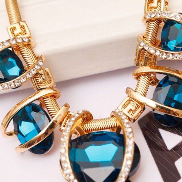 Bohemia Style Women Fashion Blue Crystal Pendant Gold Statement Necklace - Free Shipping!