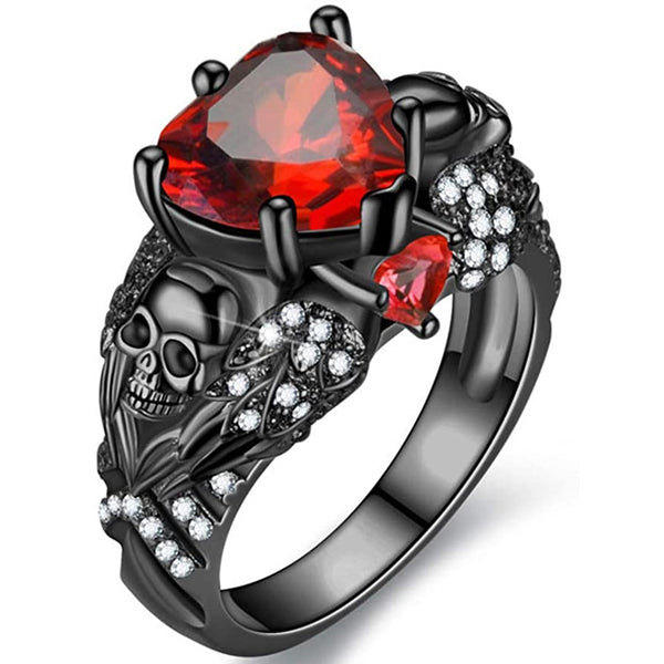 Crystal Heart Skull Ring