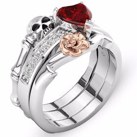 CRYSTAL RED HEART FLOWER SKULL RING