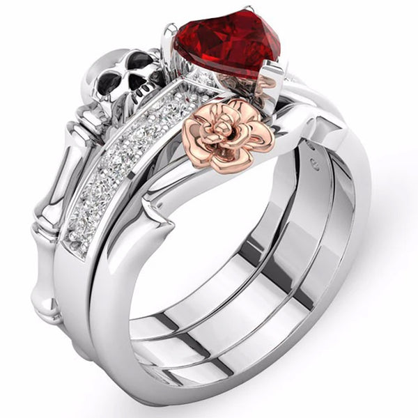 CRYSTAL RED HEART FLOWER SKULL RING