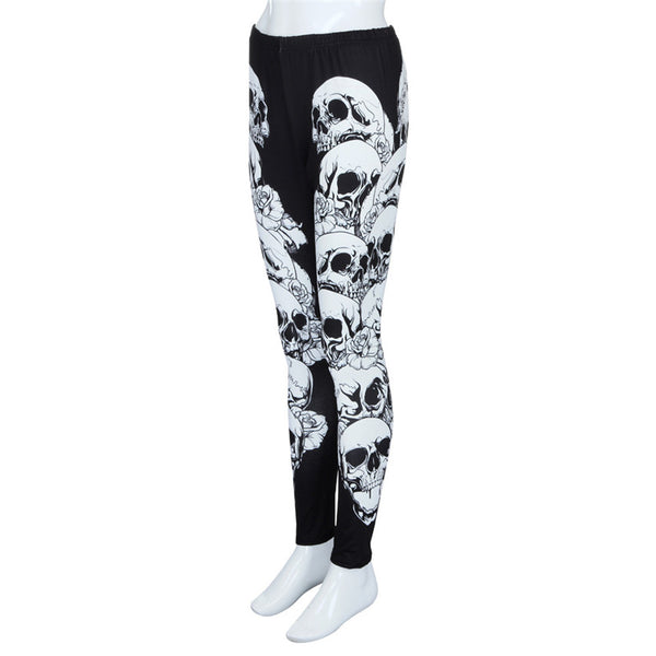 Casual High Waist Plus Size Monochrome Skulls Leggings