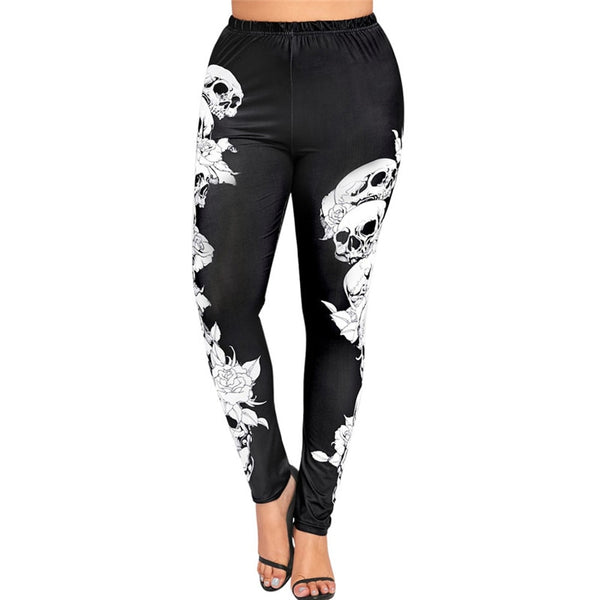 Casual High Waist Plus Size Monochrome Skulls Leggings