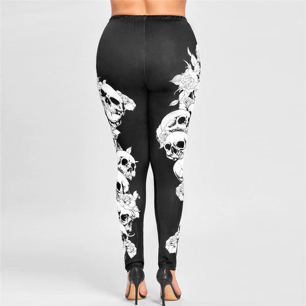 Casual High Waist Plus Size Monochrome Skulls Leggings