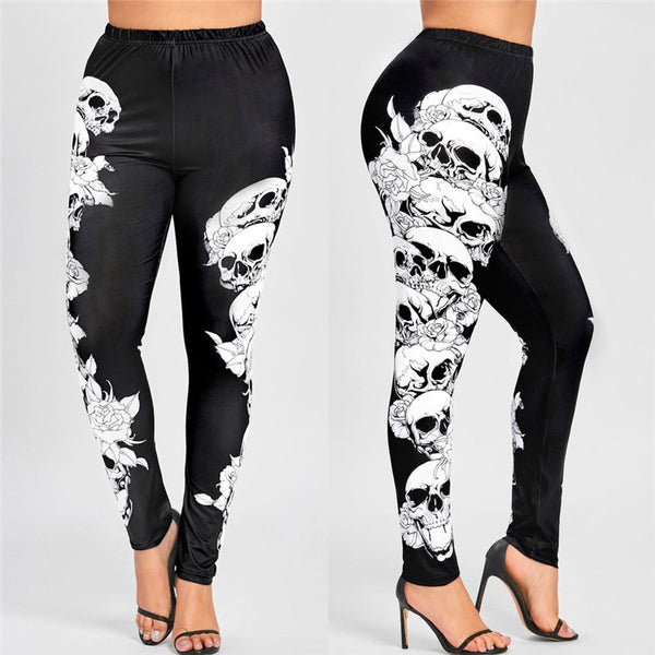 Casual High Waist Plus Size Monochrome Skulls Leggings