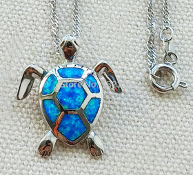 Blue Fire Opal Sea Turtle Design Pendant Necklace