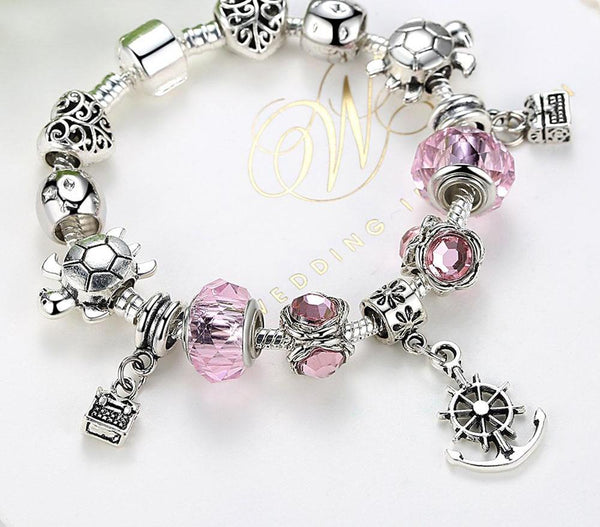 Sea Turtles Pink Crystal Charm Bracelet