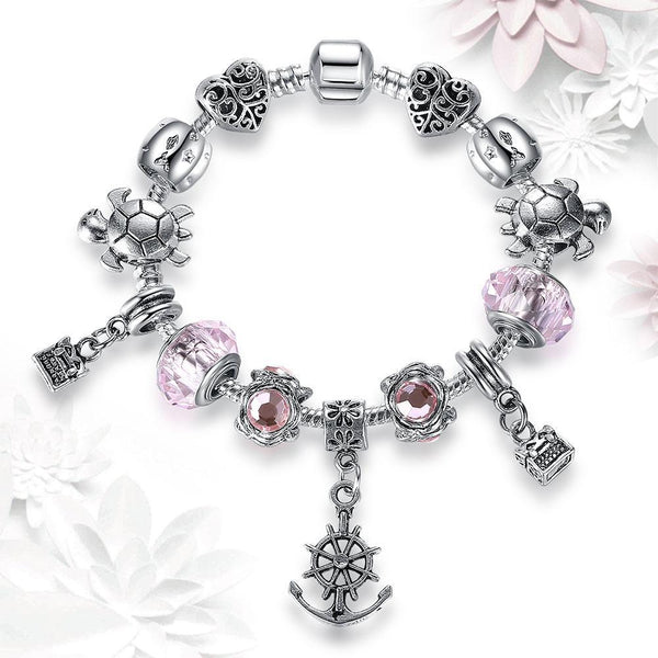 Sea Turtles Pink Crystal Charm Bracelet