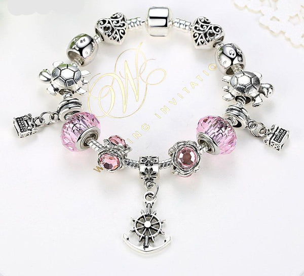 Sea Turtles Pink Crystal Charm Bracelet