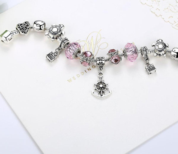 Sea Turtles Pink Crystal Charm Bracelet