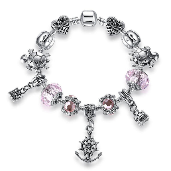 Sea Turtles Pink Crystal Charm Bracelet