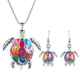 Enamel Sea Turtle Necklace Earring Set
