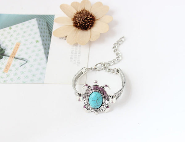 Antique Silver Turtle Stone Adjustable Bracelet - Free