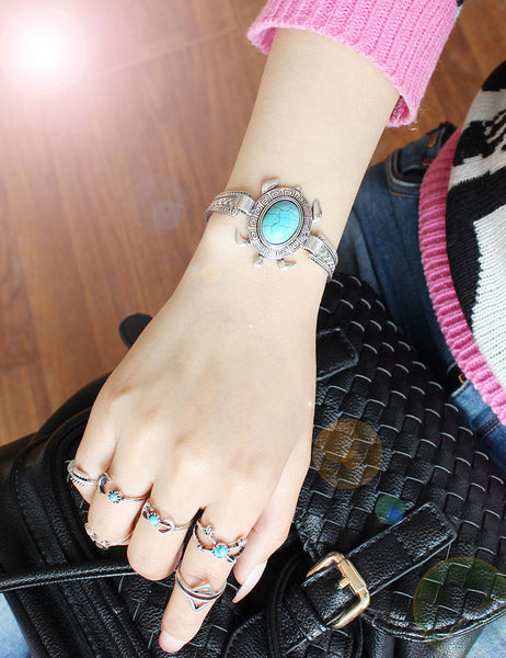 Antique Silver Turtle Stone Adjustable Bracelet - Free