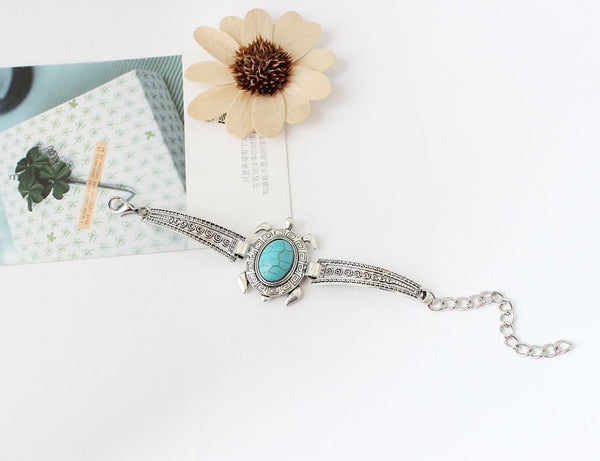Antique Silver Turtle Stone Adjustable Bracelet - Free