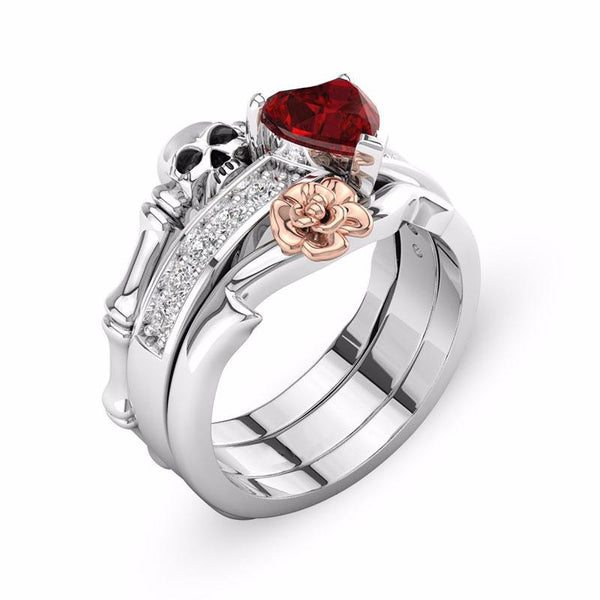 CRYSTAL RED HEART FLOWER SKULL RING