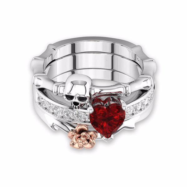 CRYSTAL RED HEART FLOWER SKULL RING