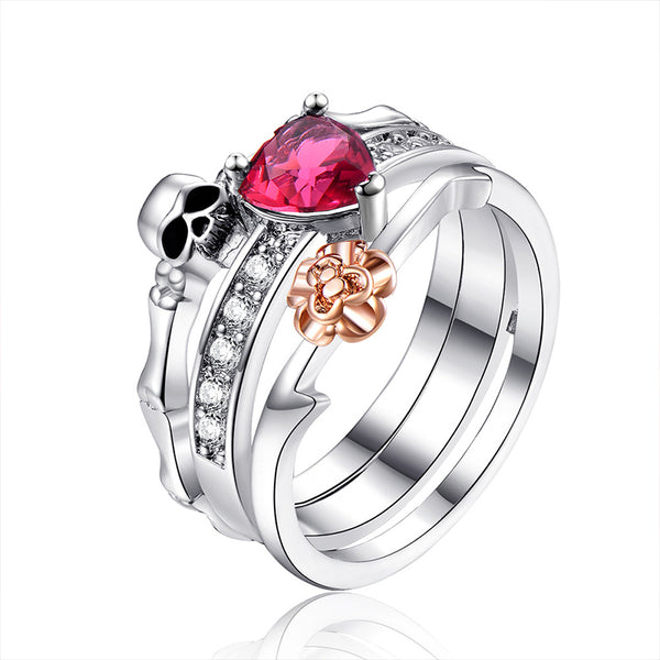CRYSTAL RED HEART FLOWER SKULL RING