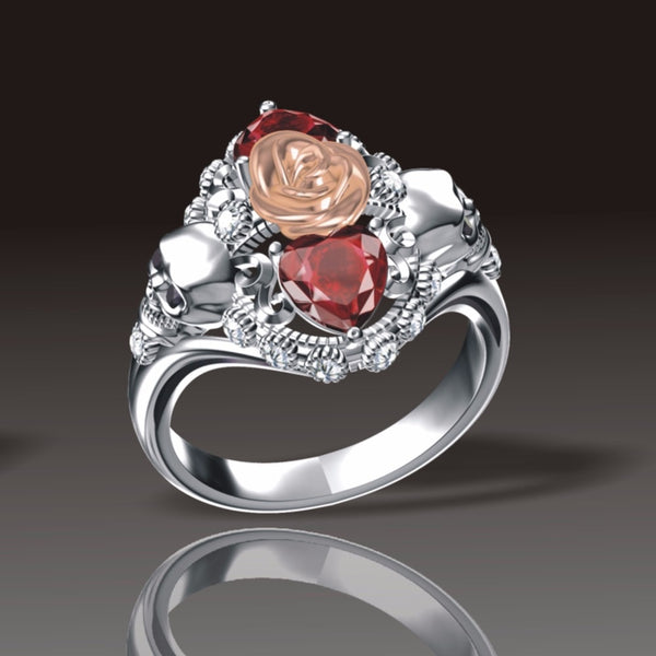 Crystal Heart Gothic Skull Rose Ring
