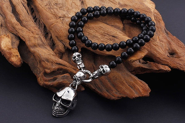 Stainless Steel Skull Head Glass Beads Necklace