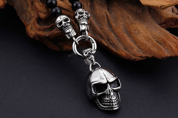Stainless Steel Skull Head Glass Beads Necklace