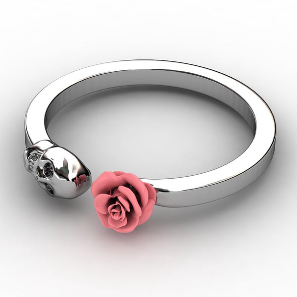 Stainless Steel Rose Skull Womens Ring