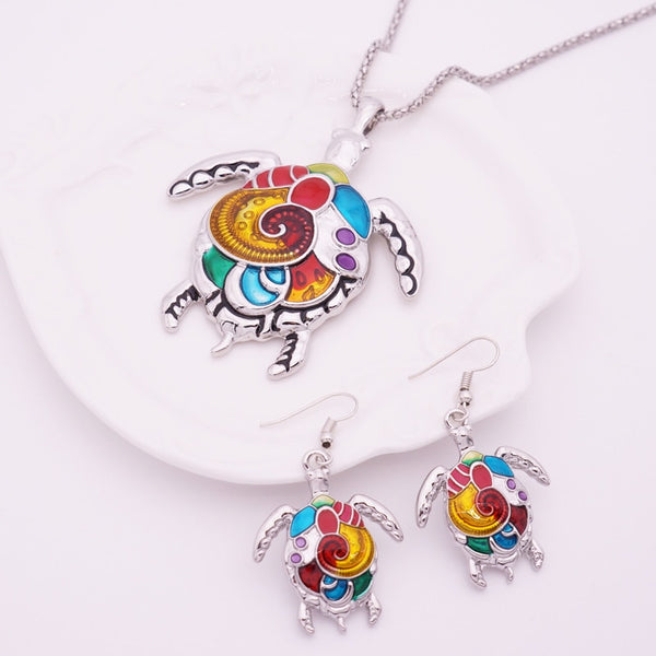 Enamel Sea Turtle Necklace Earring Set