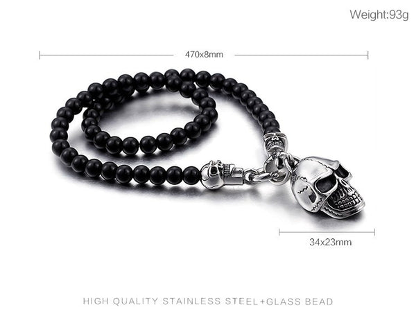 Stainless Steel Skull Head Glass Beads Necklace