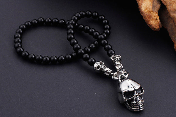 Stainless Steel Skull Head Glass Beads Necklace