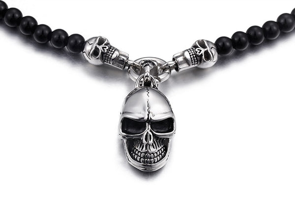 Stainless Steel Skull Head Glass Beads Necklace