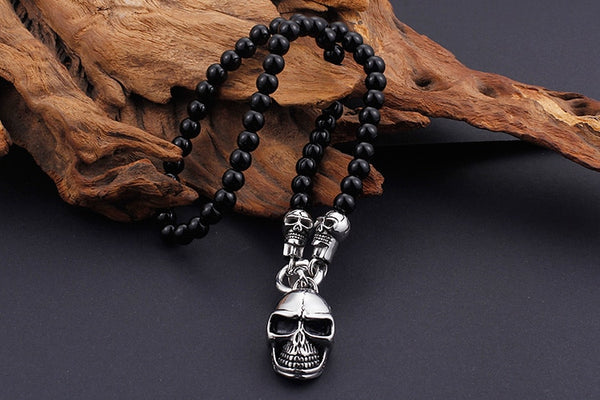 Stainless Steel Skull Head Glass Beads Necklace