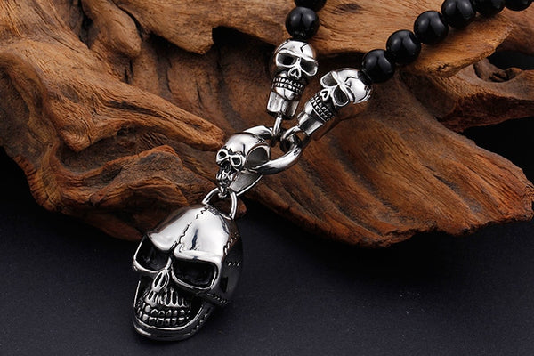 Stainless Steel Skull Head Glass Beads Necklace