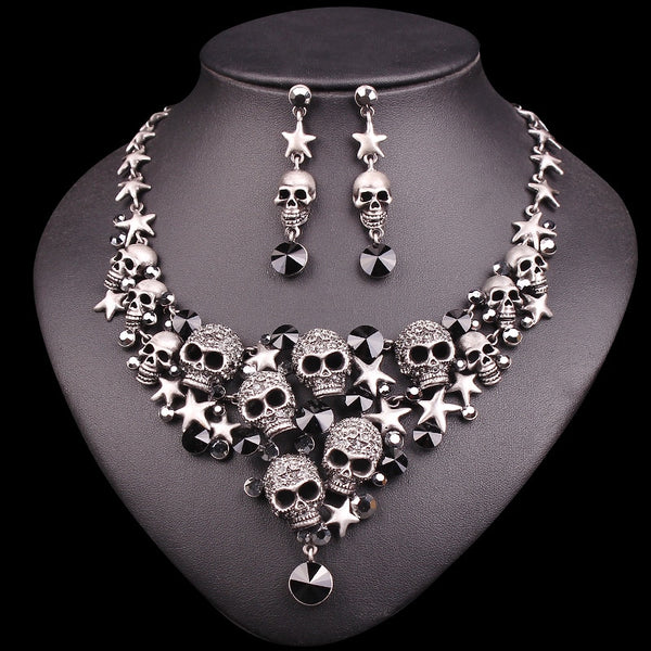 Vintage Skull Crystal Statement Necklace Earrings Set