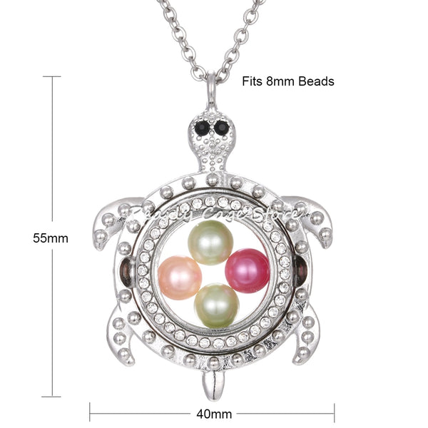 Silver Turtle 8mm Pearl Beads Magnetic Glass Floating Locket Pendant Necklace