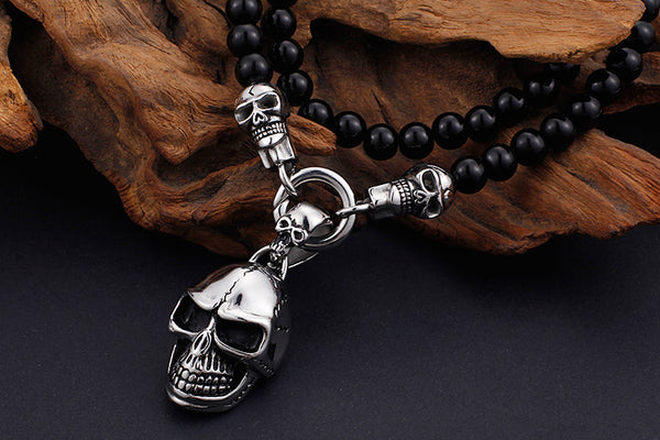 Stainless Steel Skull Head Glass Beads Necklace