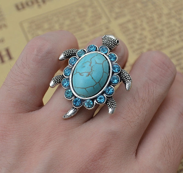 Turtle Shape Crystal Mosaic Green Stone Resizable Ring - Free