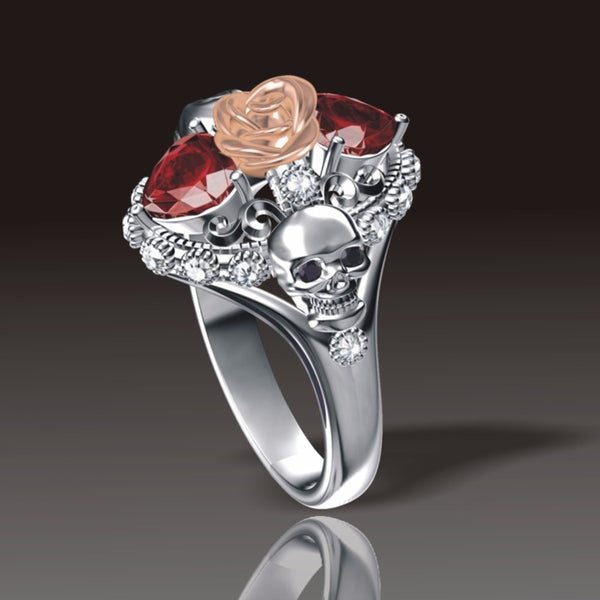 Crystal Heart Gothic Skull Rose Ring