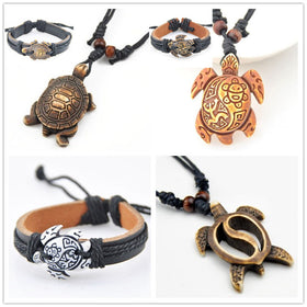 Hawaiian Style Sea Turtle Pendant Necklace Leather Bracelet Set